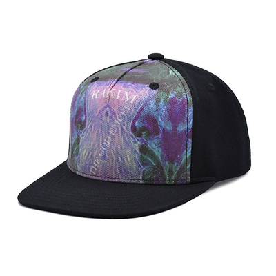 Groothandel mode platte rand allover sublimatie gedrukt 5 paneel op maat snapback petten en hoeden