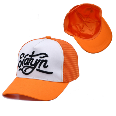 Unisex 5 Panel Trucker Cap Custom 3d geborduurde gebogen rand satine gelijnd oranje mesh rug hoeden