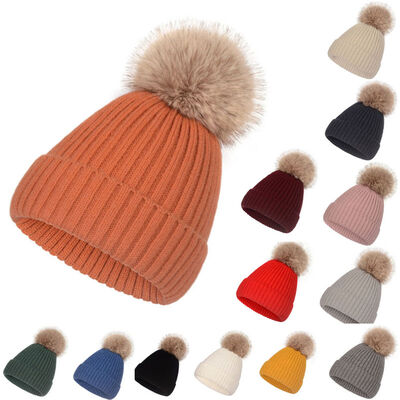 Winter warme gebreide hoed voor vrouwen casual solide gestreepte schoulies gorros Ski hoeden Kinderen Floppy bont pompom pet cap