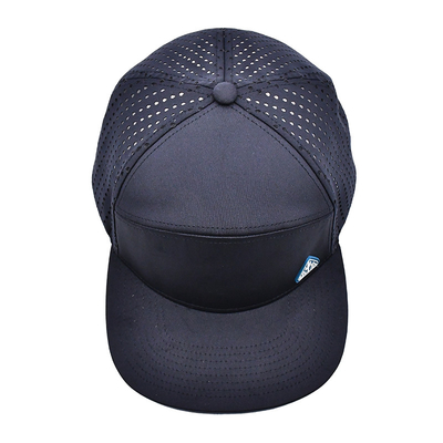 Zwart 6 Panel Trucker Snapback Hoed Structured Construction Custom Rubber Patch Logo Achter 4 Panel Laser Holes