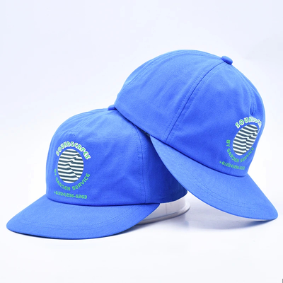 Hoogwaardige op maat gedrukte snapbackpetten blauw ongestructureerd 5 panelen platte rand buiten zachte hiphop hoeden voor mannen