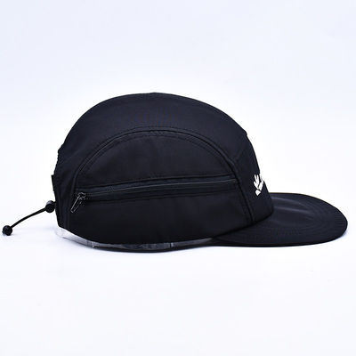 Hoogwaardige ongestructureerde 5-paneel camper hoed Custom Black Printing Nylon Running Cap met decoratieve zakken