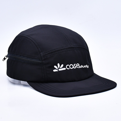 Hoogwaardige ongestructureerde 5-paneel camper hoed Custom Black Printing Nylon Running Cap met decoratieve zakken