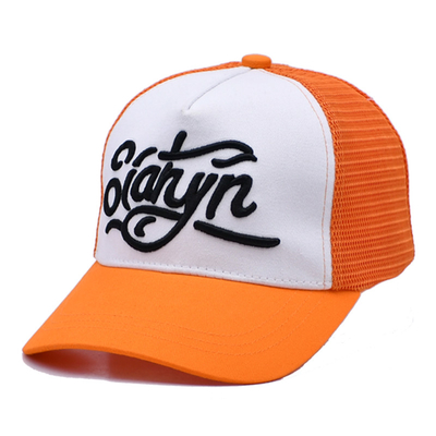 Unisex 5 Panel Trucker Cap Custom 3d geborduurde gebogen rand satine gelijnd oranje mesh rug hoeden