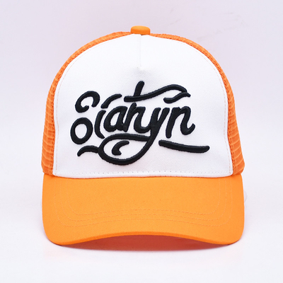 Unisex 5 Panel Trucker Cap Custom 3d geborduurde gebogen rand satine gelijnd oranje mesh rug hoeden