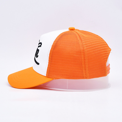 Unisex 5 Panel Trucker Cap Custom 3d geborduurde gebogen rand satine gelijnd oranje mesh rug hoeden