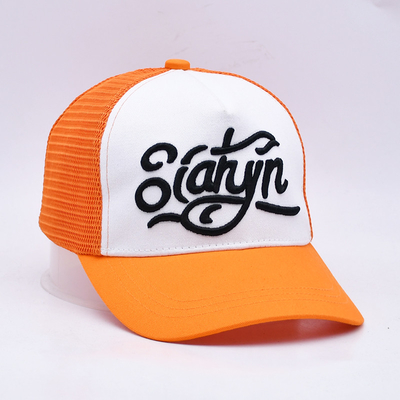 Unisex 5 Panel Trucker Cap Custom 3d geborduurde gebogen rand satine gelijnd oranje mesh rug hoeden