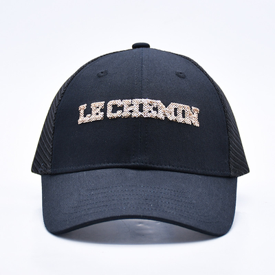 Zwart 6 Panel Mesh Trucker Hoed Glitter Trucker Cap Hoogwaardige Mode Sequins Borduurwerk Trucker Hoeden
