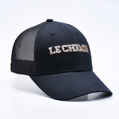 Zwart 6 Panel Mesh Trucker Hoed Glitter Trucker Cap Hoogwaardige Mode Sequins Borduurwerk Trucker Hoeden