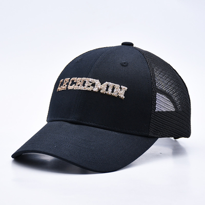 Zwart 6 Panel Mesh Trucker Hoed Glitter Trucker Cap Hoogwaardige Mode Sequins Borduurwerk Trucker Hoeden