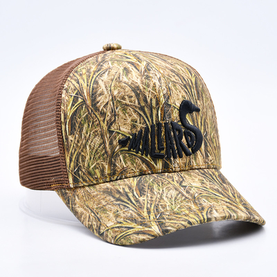Fashion Design Curved Brim Sport 6 Panel Trucker Mesh Hoed Custom 3d Borduurwerk Camo Trucker Cap