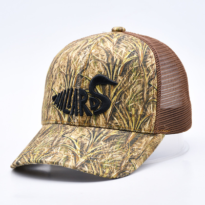 Fashion Design Curved Brim Sport 6 Panel Trucker Mesh Hoed Custom 3d Borduurwerk Camo Trucker Cap