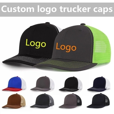 Op maat gemaakte voor gebogen mesh hoed katoenen trucker cap met plastic snapback