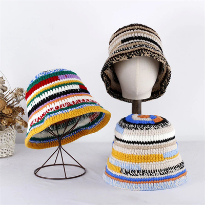 Custom Crochet Hoed Herfst Winter Kleur Handgemaakte gestreepte gebreide veelzijdige Crochet Bucket Hoeden Dikke Vrouwen Visser Cap