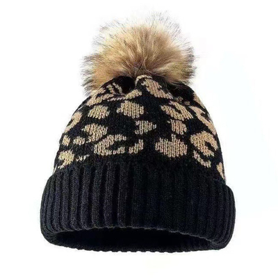 Hoogwaardige Pom Pom Winter Leopard Print Beanie Groothandel Zachte Warme Gebreide Beanie Hoeden