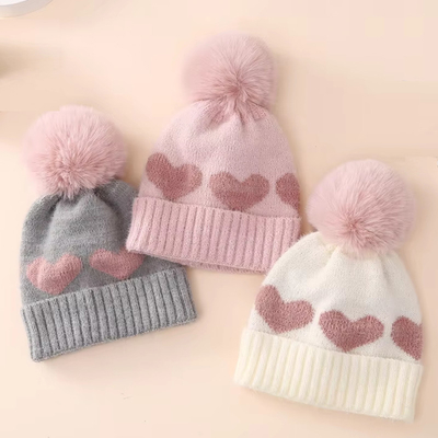 2024 Nieuwe Herfst Winter Baby gebreide hoeden Meisjes Acryl Bilayer Warm Kleuter Beanie Lief Hart Nieuwgeboren Hoed
