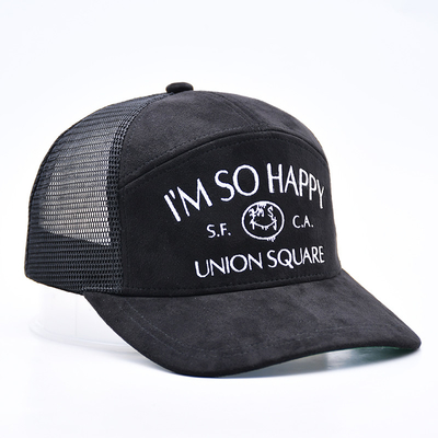 7 Panelen Zwart Suede Panelen Trucker Hoeden Hoogwaardige Mesh Cap Custom Rand Borduurwerk Velvet Trucker Hoeden Hoeden