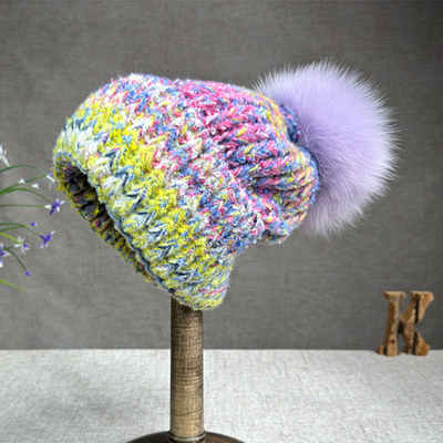 Vrouwen Nieuwe wol konijn bont bont pompom hoed olieverf stijl Outdoor Warm Skullies Beanie Winter cap
