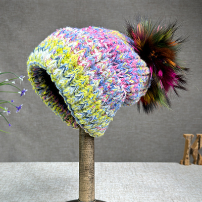 Vrouwen Nieuwe wol konijn bont bont pompom hoed olieverf stijl Outdoor Warm Skullies Beanie Winter cap