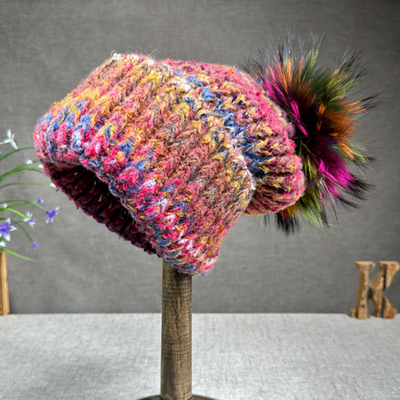 Vrouwen Nieuwe wol konijn bont bont pompom hoed olieverf stijl Outdoor Warm Skullies Beanie Winter cap