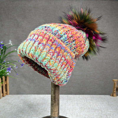 Vrouwen Nieuwe wol konijn bont bont pompom hoed olieverf stijl Outdoor Warm Skullies Beanie Winter cap