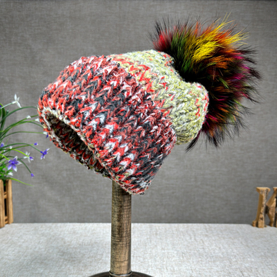 Vrouwen Nieuwe wol konijn bont bont pompom hoed olieverf stijl Outdoor Warm Skullies Beanie Winter cap
