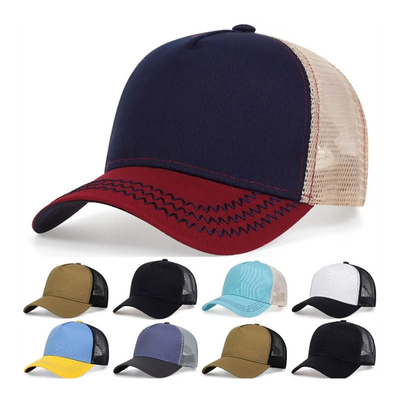 Op maat gemaakte hoge kwaliteit 5-paneel trucker hoeden groothandel gekruiste rand mesh trucker cap