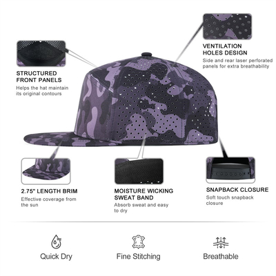 Op maat gemaakte Snapback Hoed Verstelbare prestaties Laser Cut Hole Perforated Snapback Cap