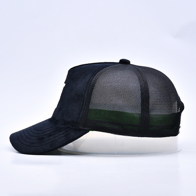 Hoog profiel geborduurde Suede Trucker Cap Custom Logo 5 Panel Mesh Trucker Hoed