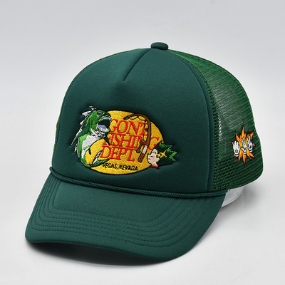 Op maat geborduurd 5 paneel schuim trucker caps hoge kwaliteit touw trucker cap met logo