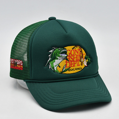 Op maat geborduurd 5 paneel schuim trucker caps hoge kwaliteit touw trucker cap met logo