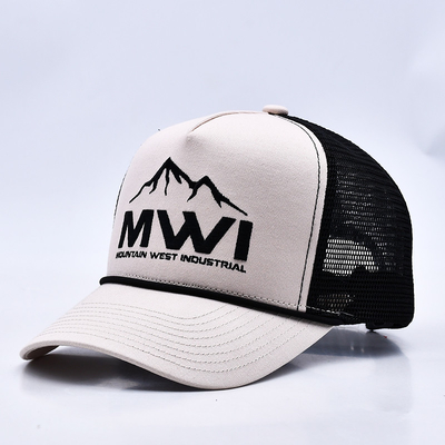Hoog profiel 3D borduurwerk touw Trucker Hoed Custom Logo Mesh Back Trucker Cap