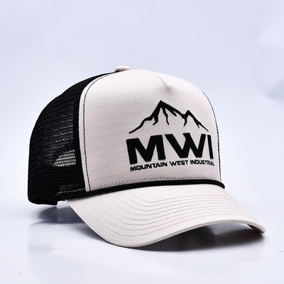 Hoog profiel 3D borduurwerk touw Trucker Hoed Custom Logo Mesh Back Trucker Cap