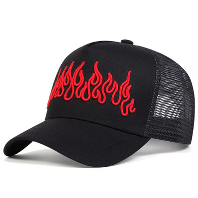 Flame Street Style Verstelbare Hip Hop Pet Geborduurde Snapback Gebogen Klep Trucker Mesh Sport Cap