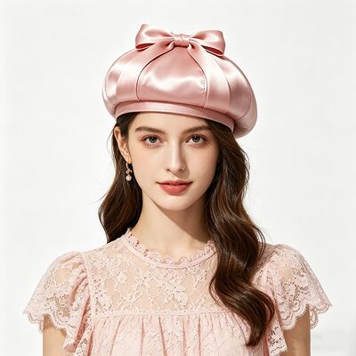 Elegante roze satine baret hoed met stof 150 gram lichtgewicht en op maat gemaakt voor casual wear