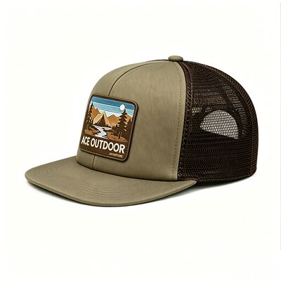 Licht olijfgroene truckerpet met een gebogen rand, aanpasbare kleuren, perfect voor teamuniformen, bedrijfsbranding en vrijetijdskleding