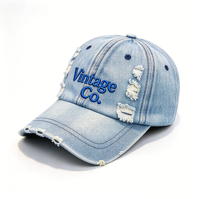 Distressed Vintage Denim Dad Hat Raised Embroidery Hand Wash Recommended Adjustable Strap For Different Head Sizes