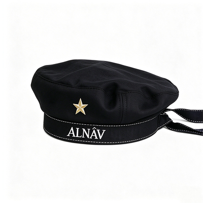 Classic Navy Style Beret Hat Embroidery Star Logo Beret With Ribbon Tie Cotton Lining Solid Color Beret For Daily Casual Wear Support Customization