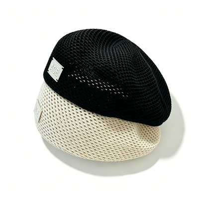 Classic Hollow Mesh Knit Beret Hat ACE Leather Label Beret Breathable Solid Color Beret For Fashion Street Daily Wear Support Customization
