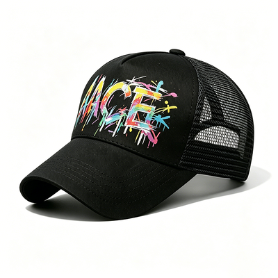 Verstelbare Snapback Trucker Cap Digitale warmteoverdracht Graffitipatroon Voorpaneel Mesh achterkant Perfect voor buitenactiviteiten Bedrijfsbranding