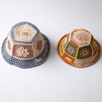 Brede Rand Patchwork Bloemige Haak Bucket Hoed Lichtgewicht Ademend Zonbescherming voor Vintage Dagelijkse Streetwear